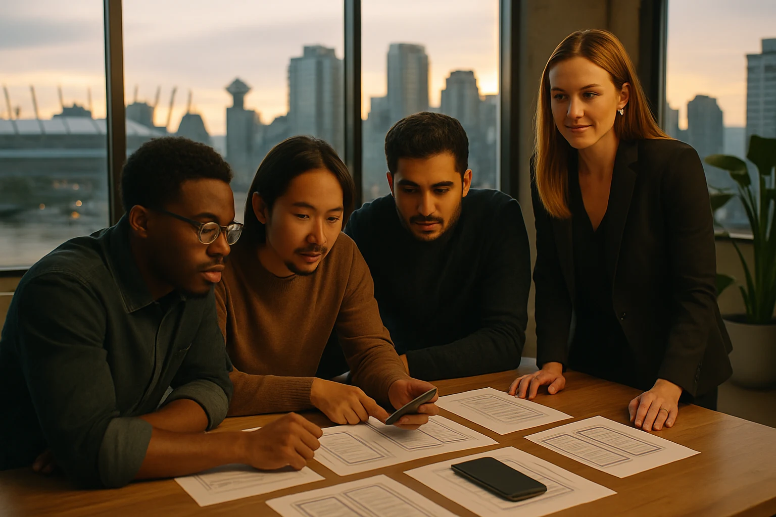 Team reviewing app prototypes with city view