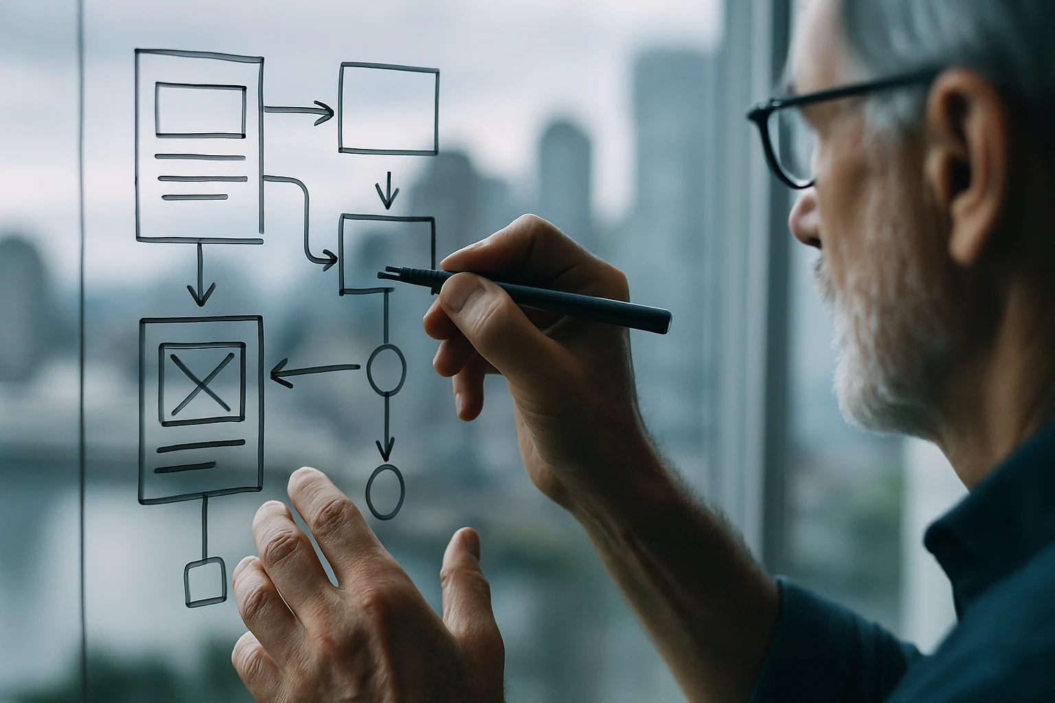 Hands sketching user flows on glass with skyline behind