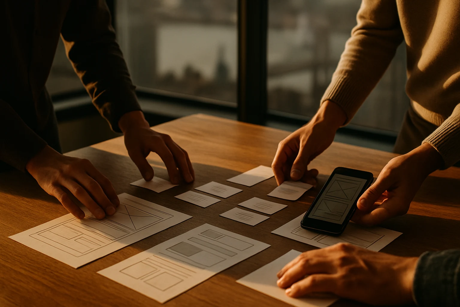 Hands arranging design deliverables on a table with skyline view