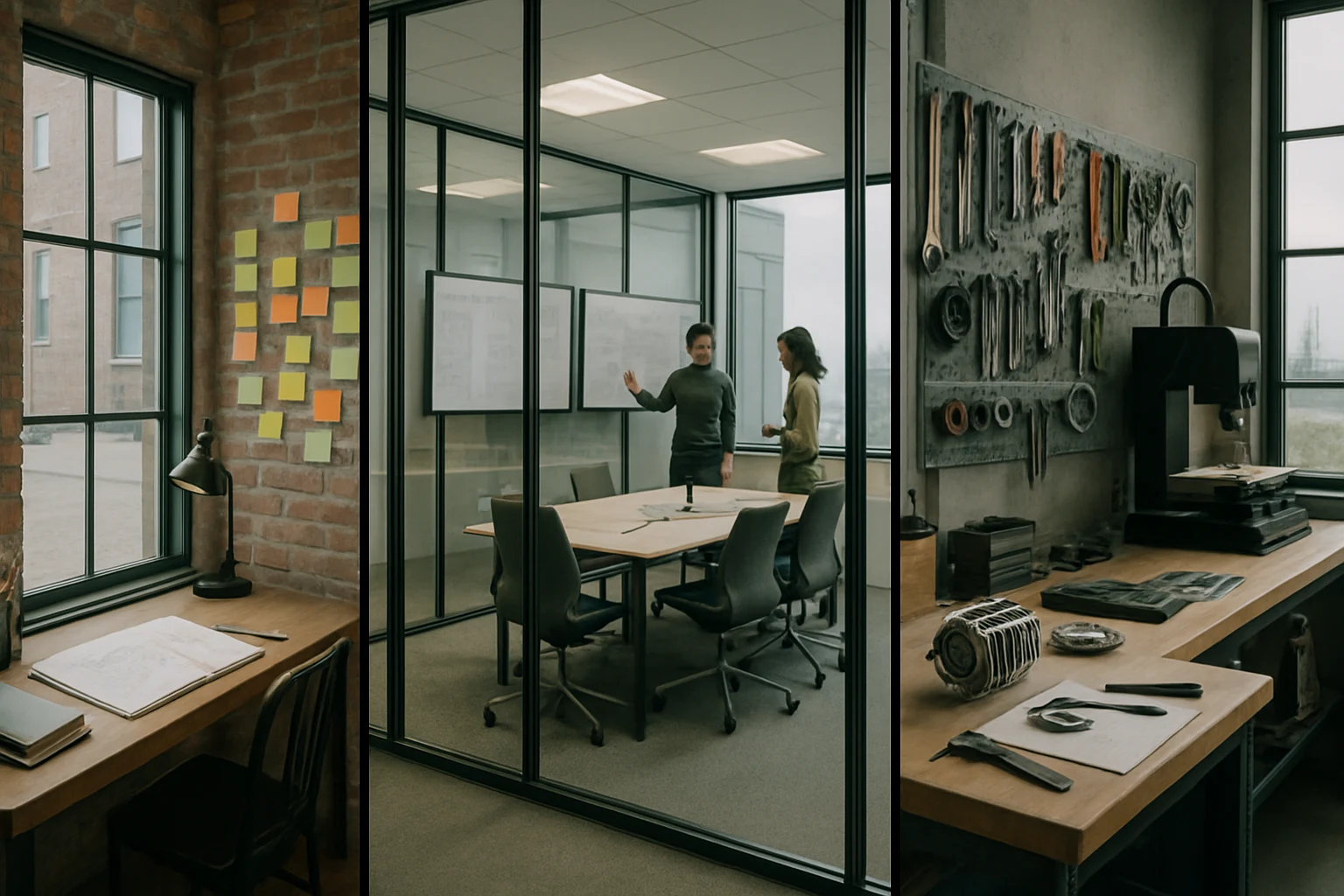 Triptych of three design studio interiors showing distinct styles and tools