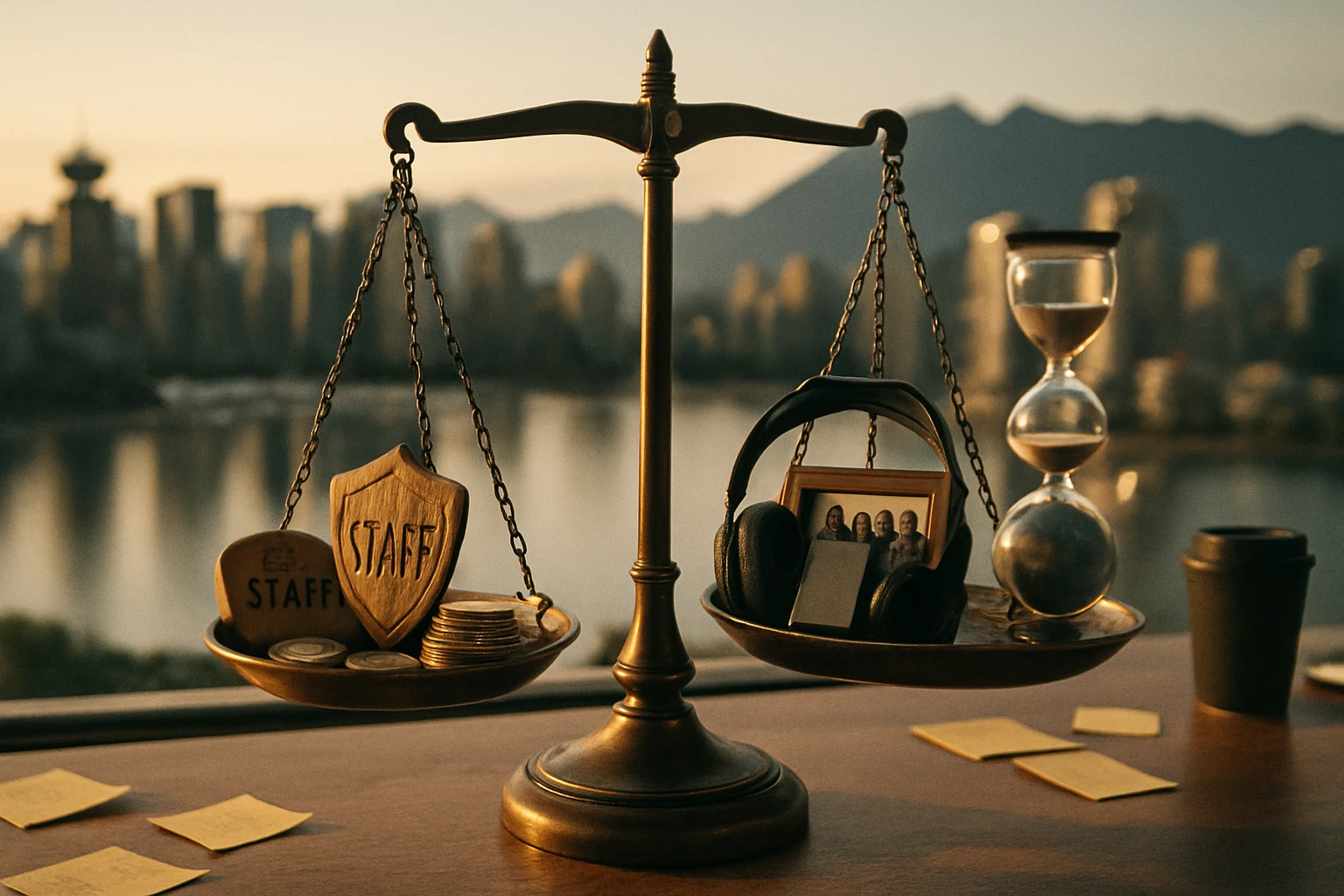 Brass balance scale with three symbolic trays on a desk