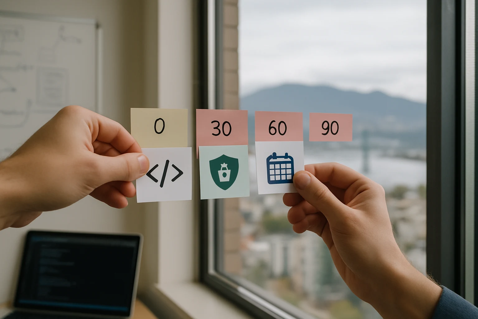 Hands pinning colored sticky notes onto a 0–90 day timeline