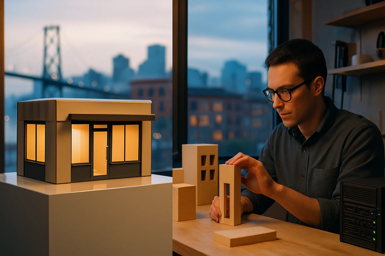 Contrasting modular storefront and bespoke workshop