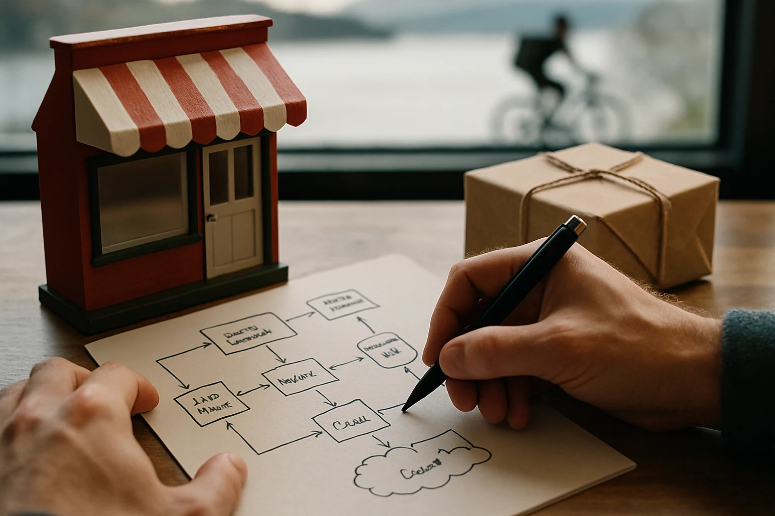 Hands sketching an e-commerce site blueprint