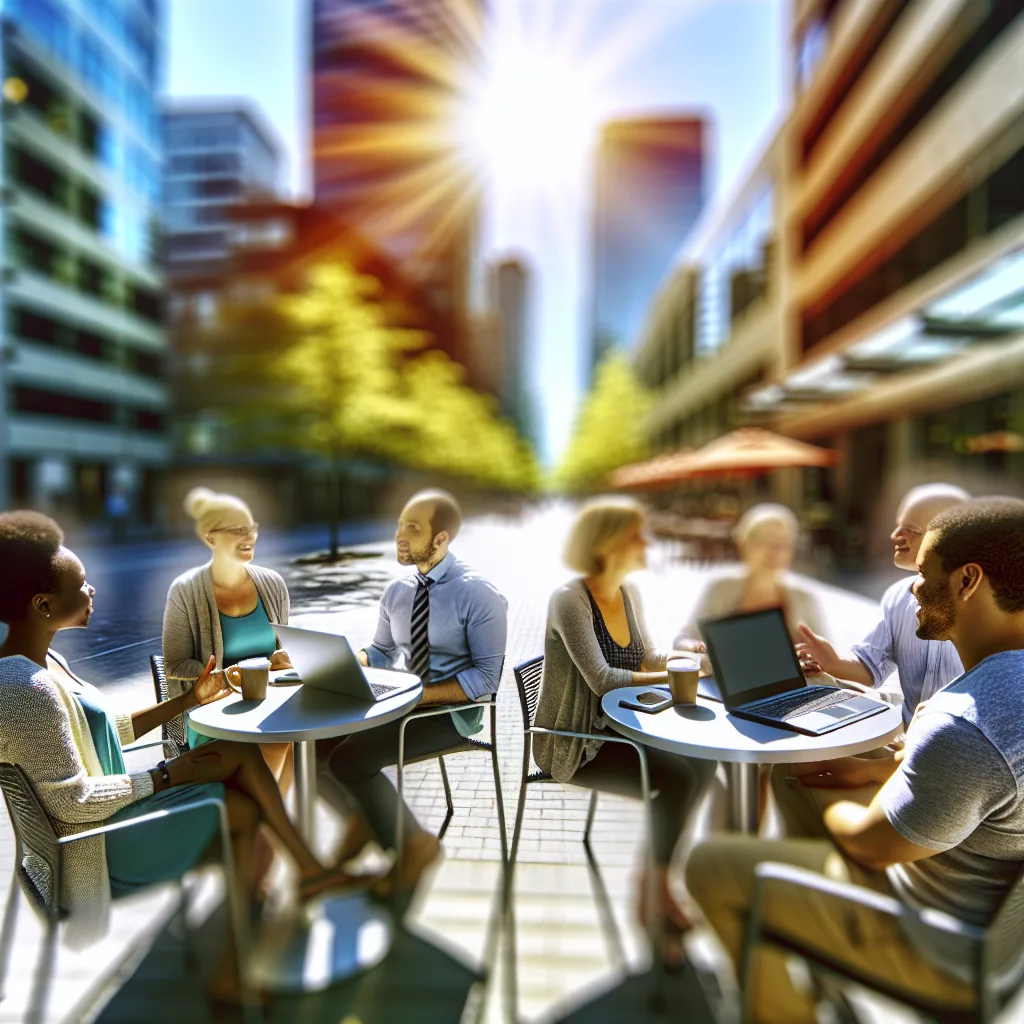 web design services Vancouver - A bustling Vancouver street lined with modern office buildings, showcasing a diverse group of professionals discussing web design on laptops at an outdoor café. Natural light filters through trees, creating a warm and inviting atmosphere. Shot with a shallow depth of field to focus on the people while blurring the background, capturing the essence of the local business scene. Photorealistic and in graphic design branding