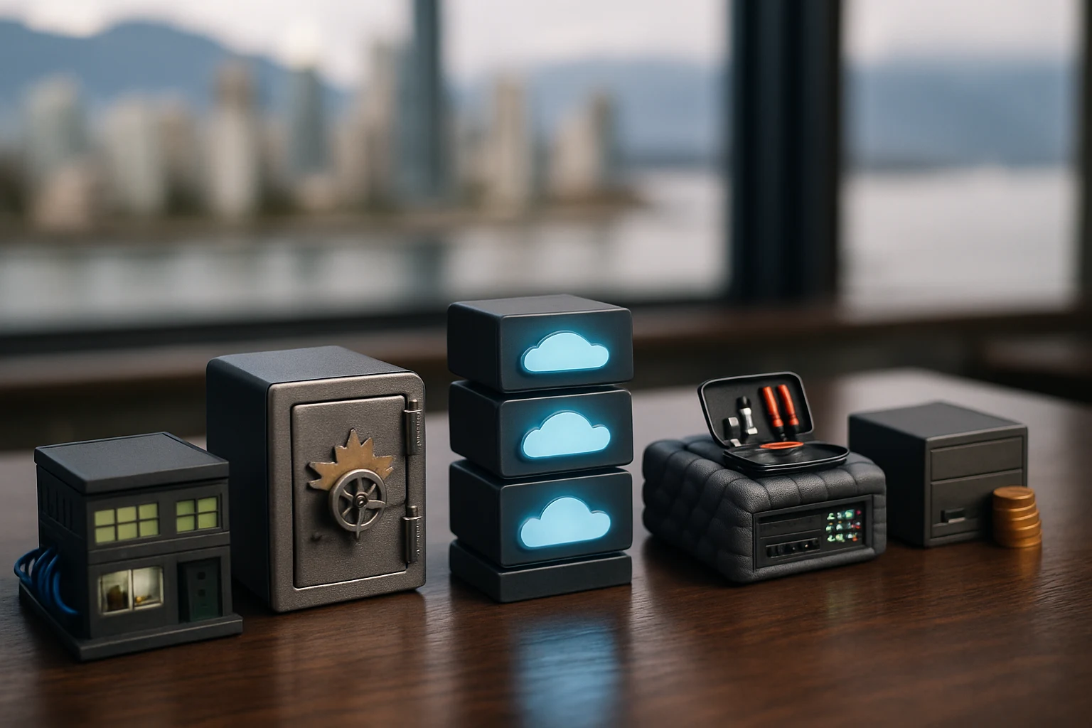 Five miniature server dioramas on a polished tabletop