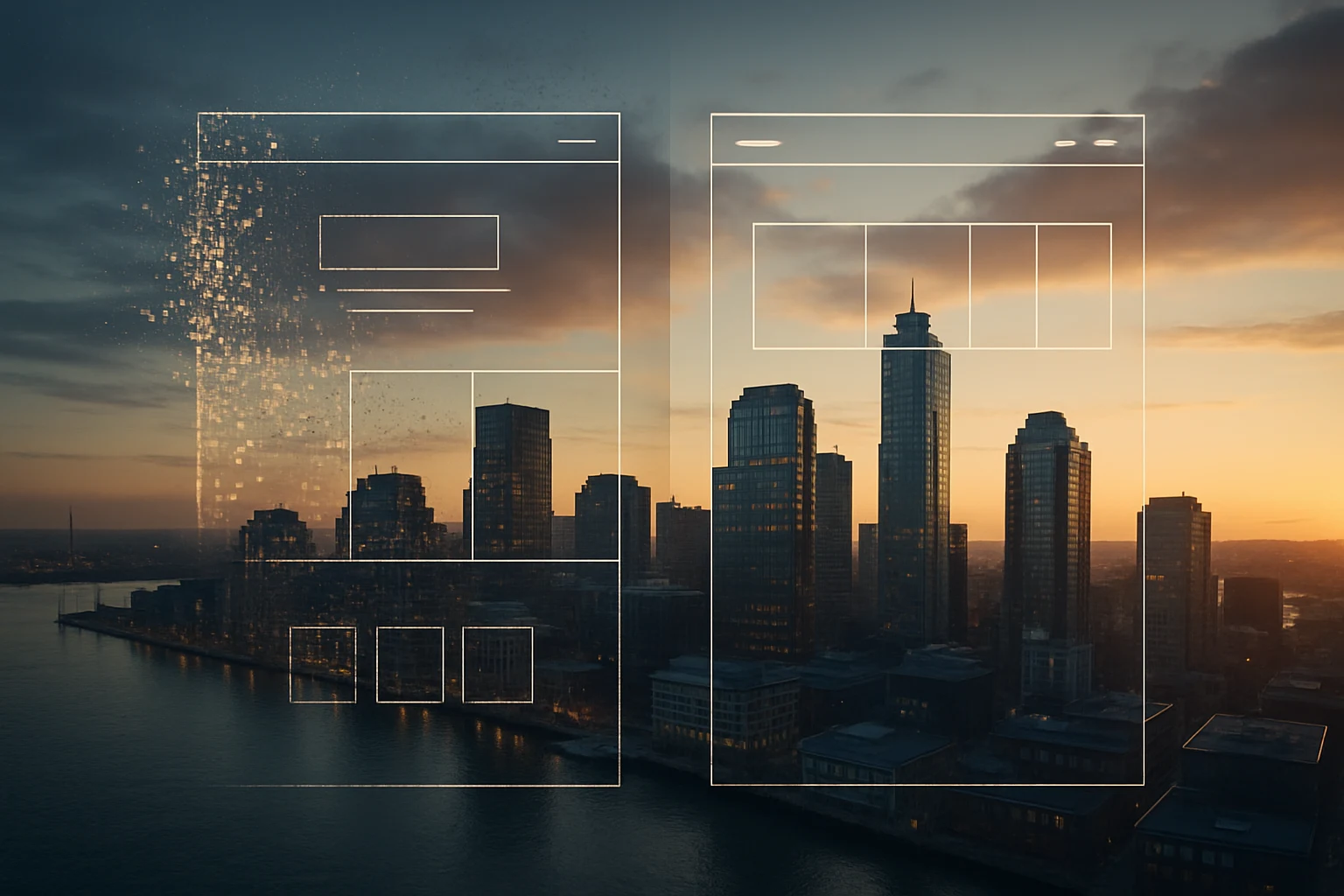 Waterfront skyline bisected by an abstract digital layout