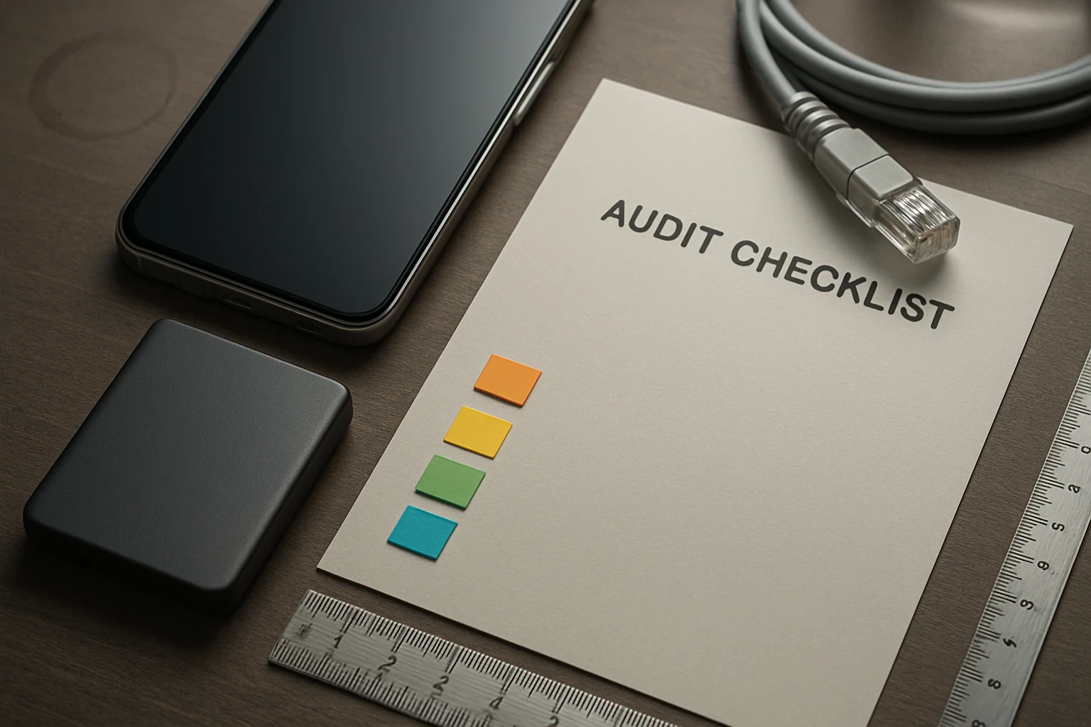 Close flat-lay of audit tools, device and color tabs on a desk