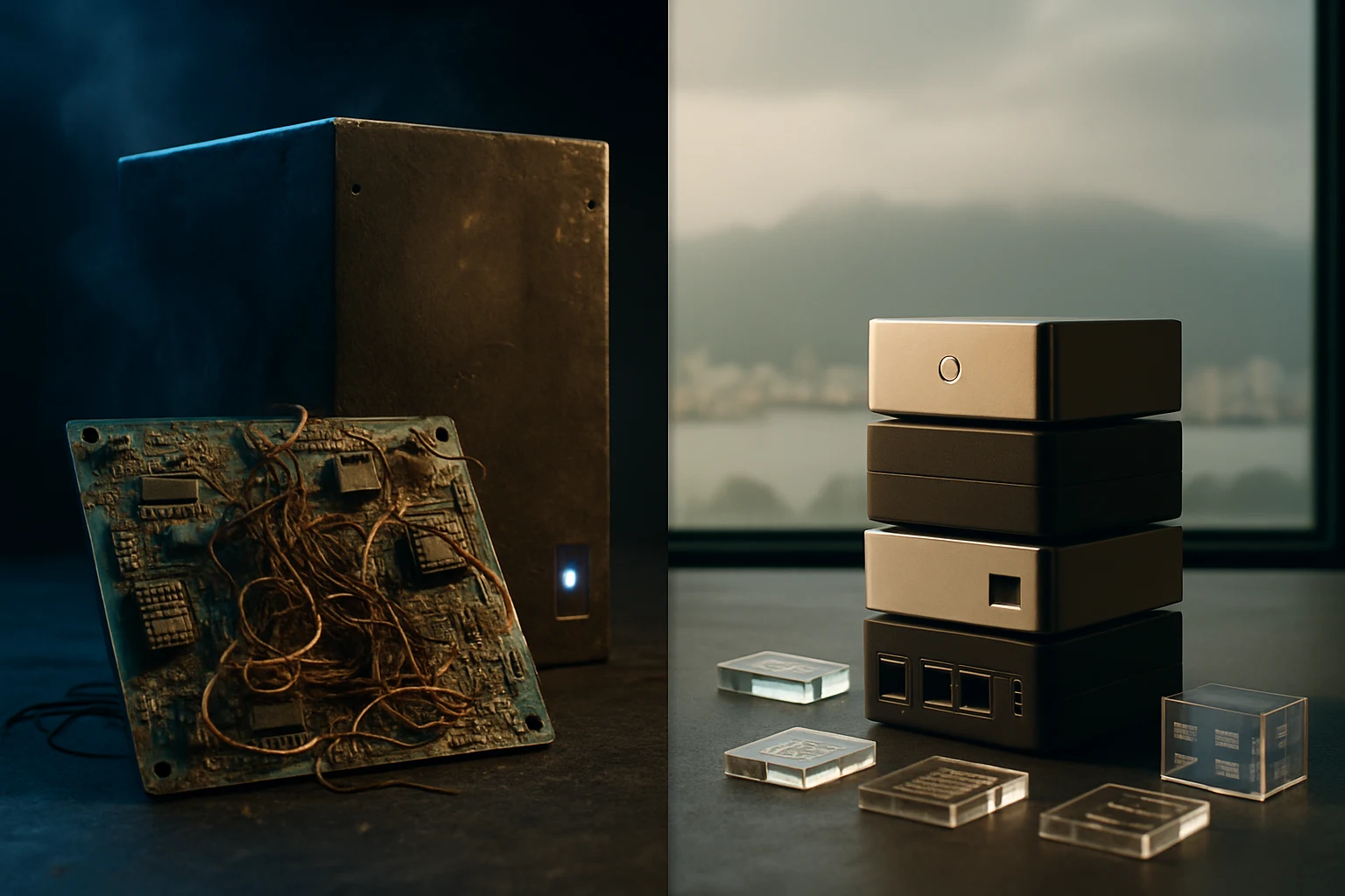 Split composition: corroded circuitry vs clean modular components over Vancouver view