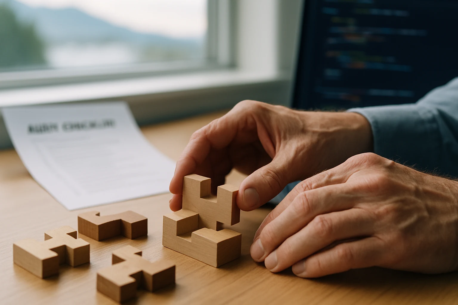 Hands arranging modular blocks on a desk with a blurred audit scene