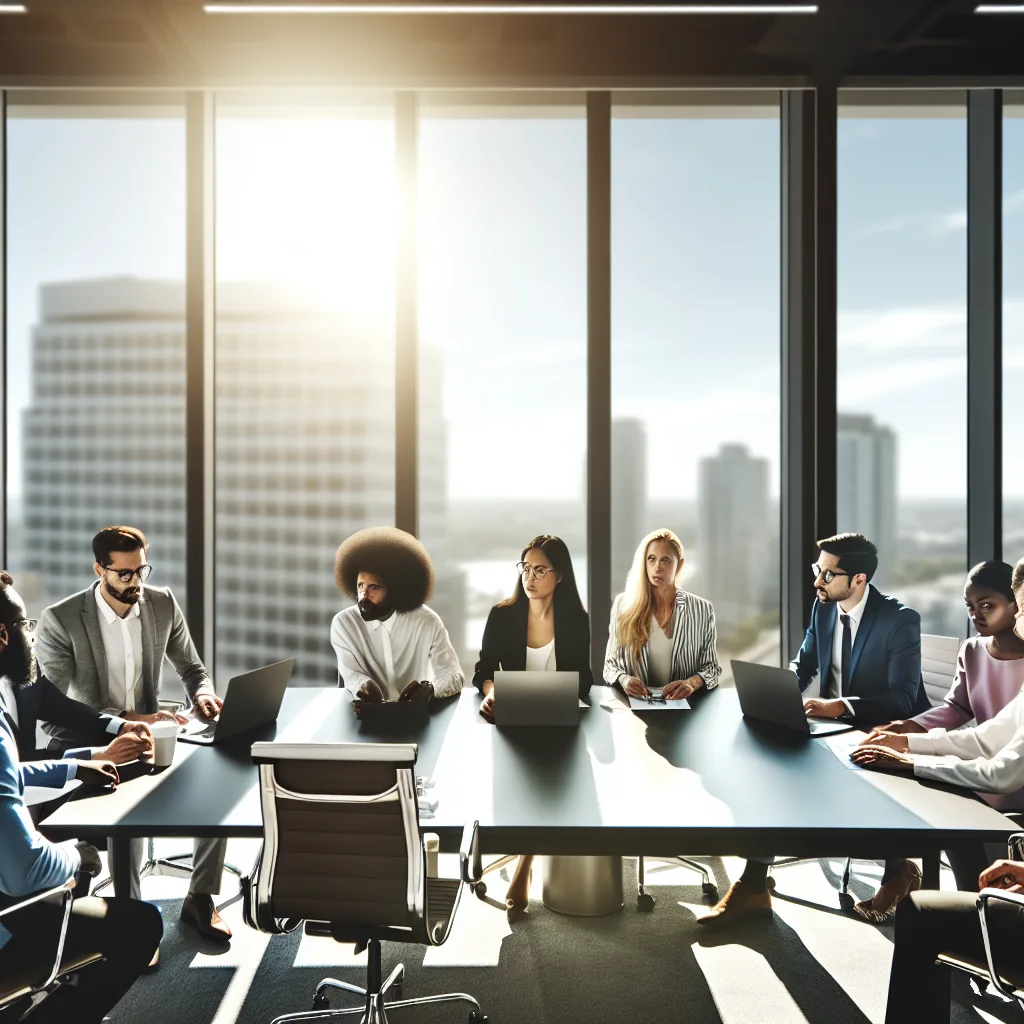 Vancouver Cybersecurity Solutions - A modern office in Vancouver with employees discussing cybersecurity solutions around a conference table. Natural light floods the room through large windows showcasing the cityscape outside. The composition captures a diverse group of professionals engaged in a serious discussion, with laptops and cybersecurity documents on the table. The mood is focused and collaborative, shot in photorealistic, cybersecurity for businesses Vancouver IT security