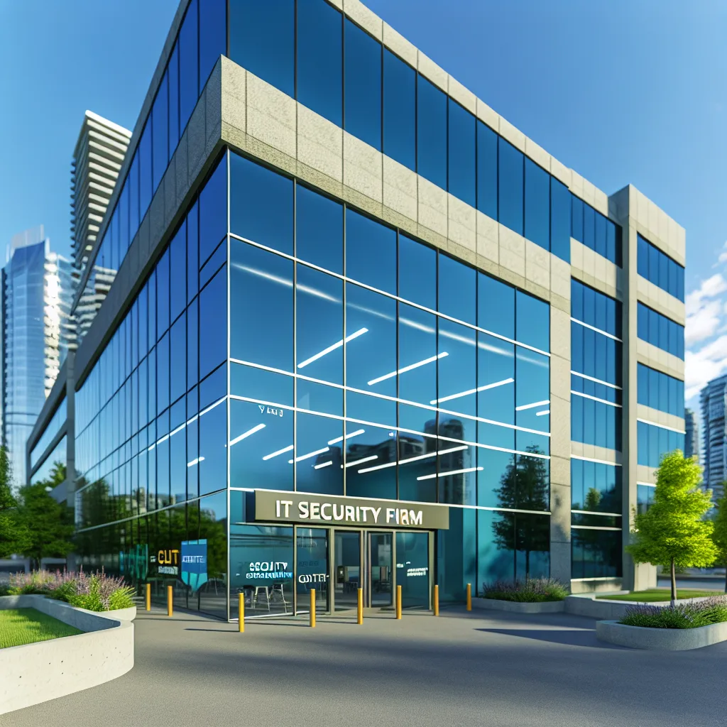Vancouver Cybersecurity Solutions - An exterior view of a contemporary Vancouver IT security firm, showcasing glass architecture and a welcoming entrance. The scene captures the firm's branding subtly with greenery around the building, under clear blue skies. The image is composed with a slight angle to highlight the modern design, ensuring a professional tone while remaining inviting and photorealistic. cybersecurity for businesses Vancouver IT security