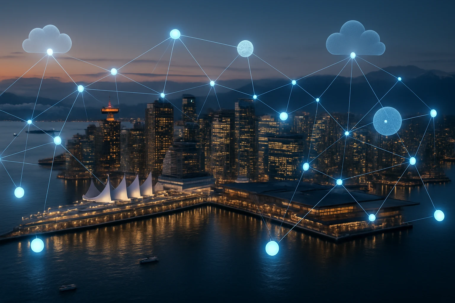 Glowing network overlay above a harbour skyline