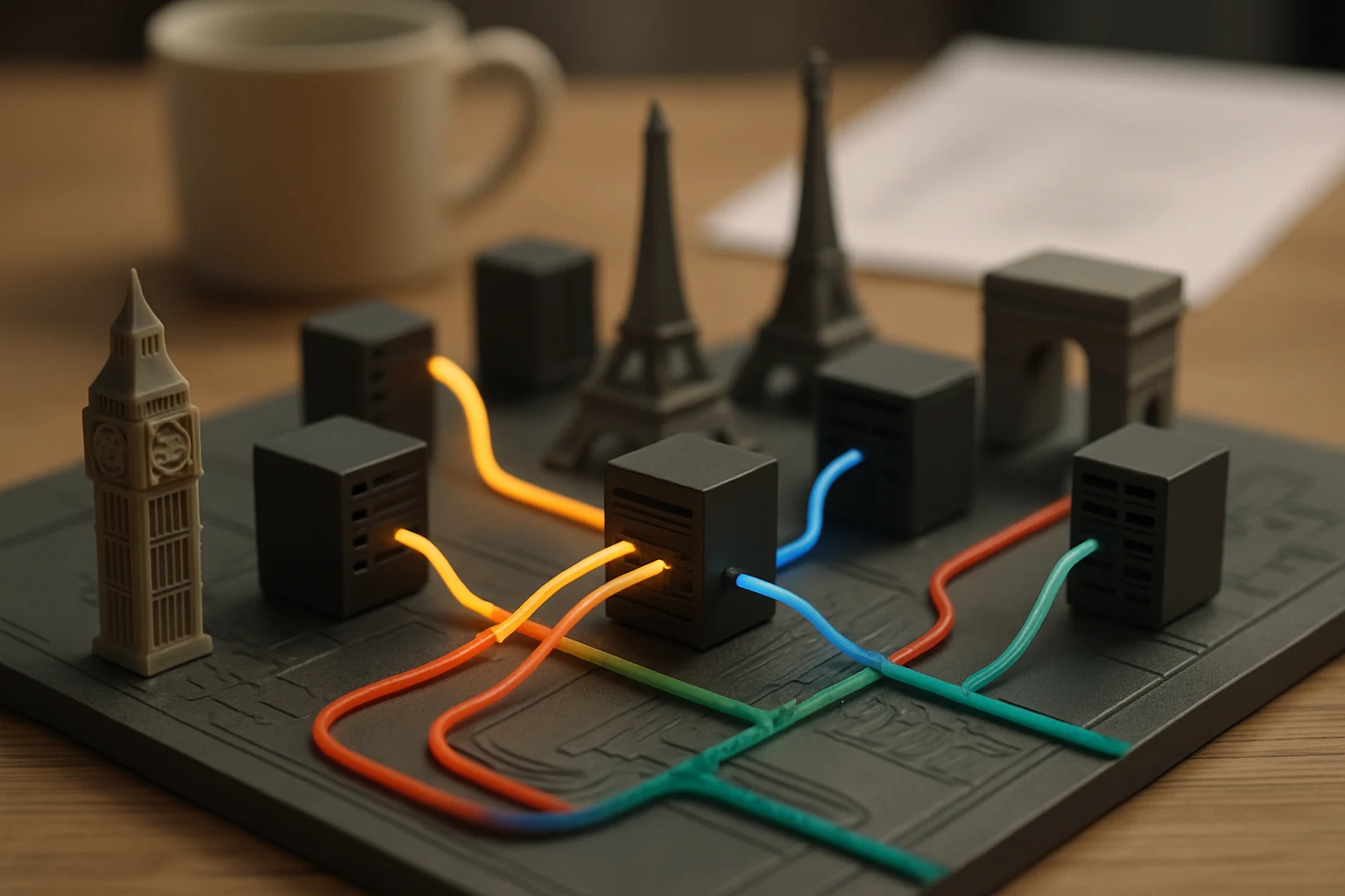 Miniature city model with glowing fiber-optic connections