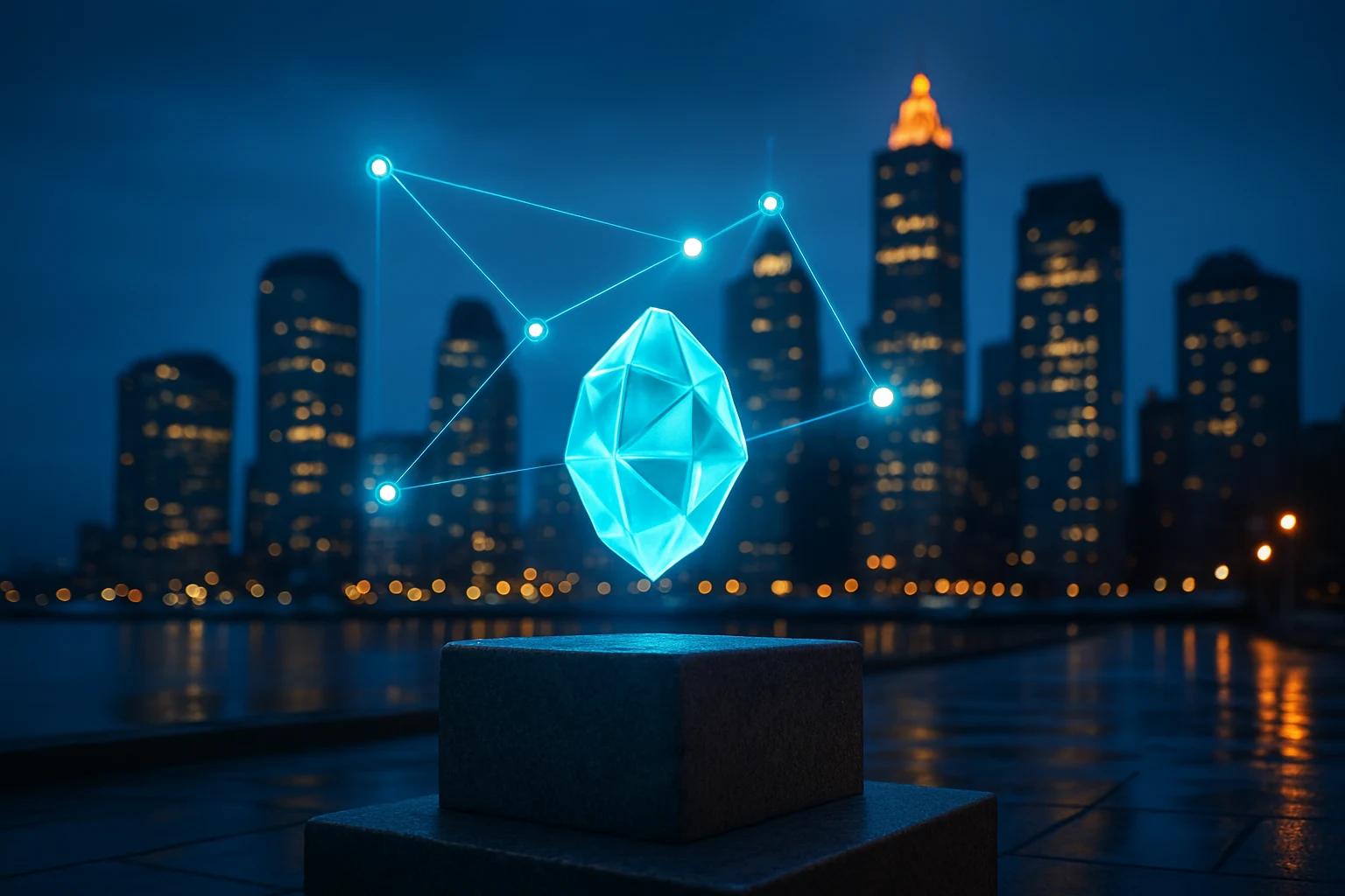 Glowing translucent token above a waterfront plinth