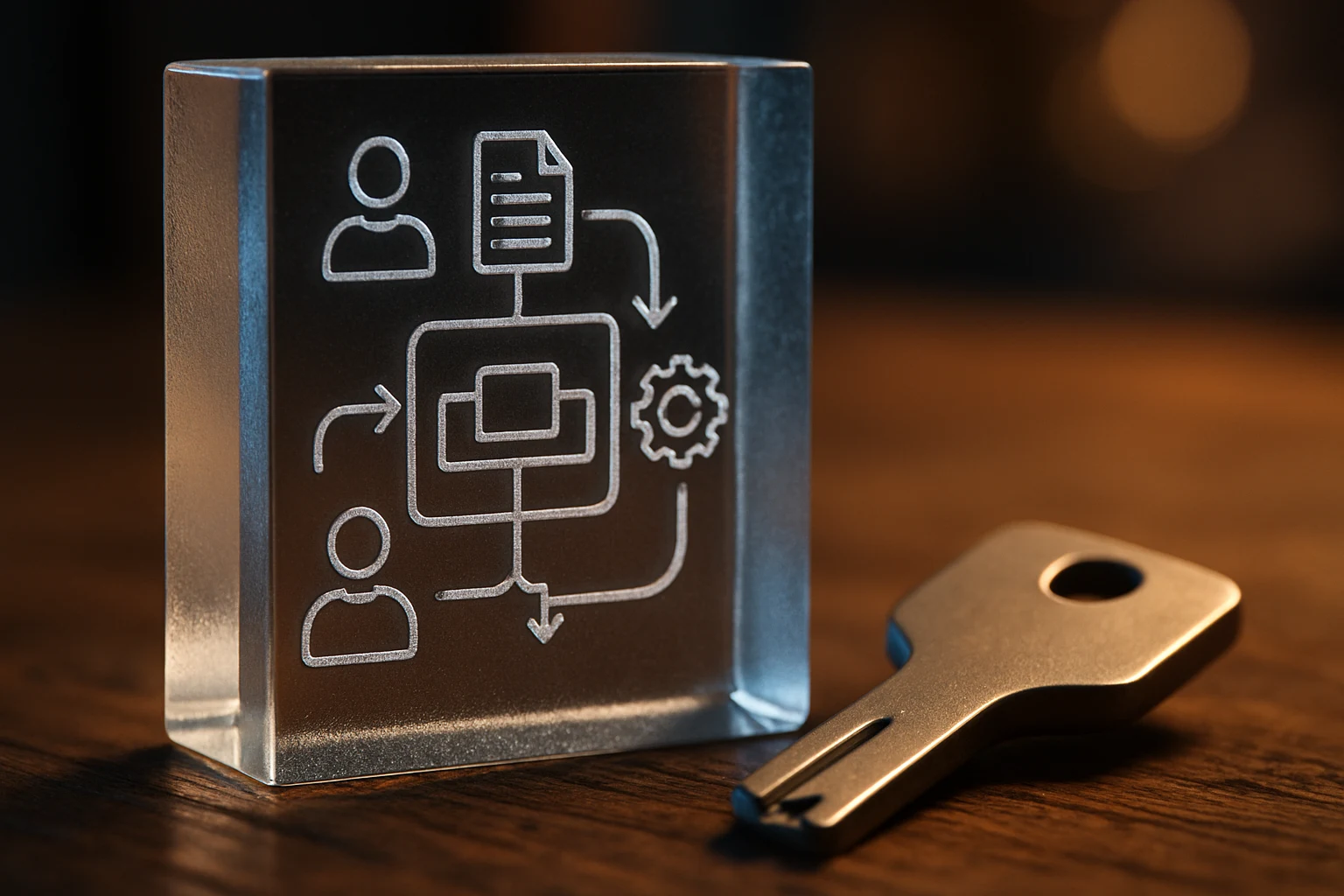 Etched acrylic flow model and metal security key on wood table