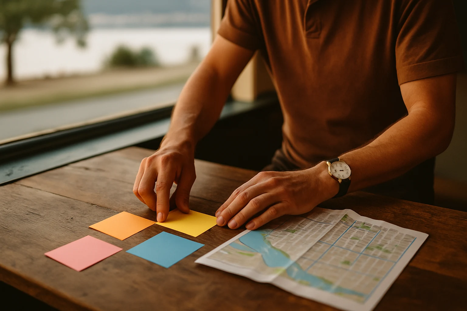 Coffee shop planning session with sticky notes