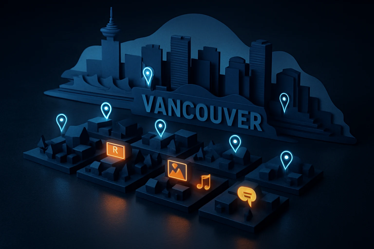 Paper-model map of Vancouver with glowing nodes