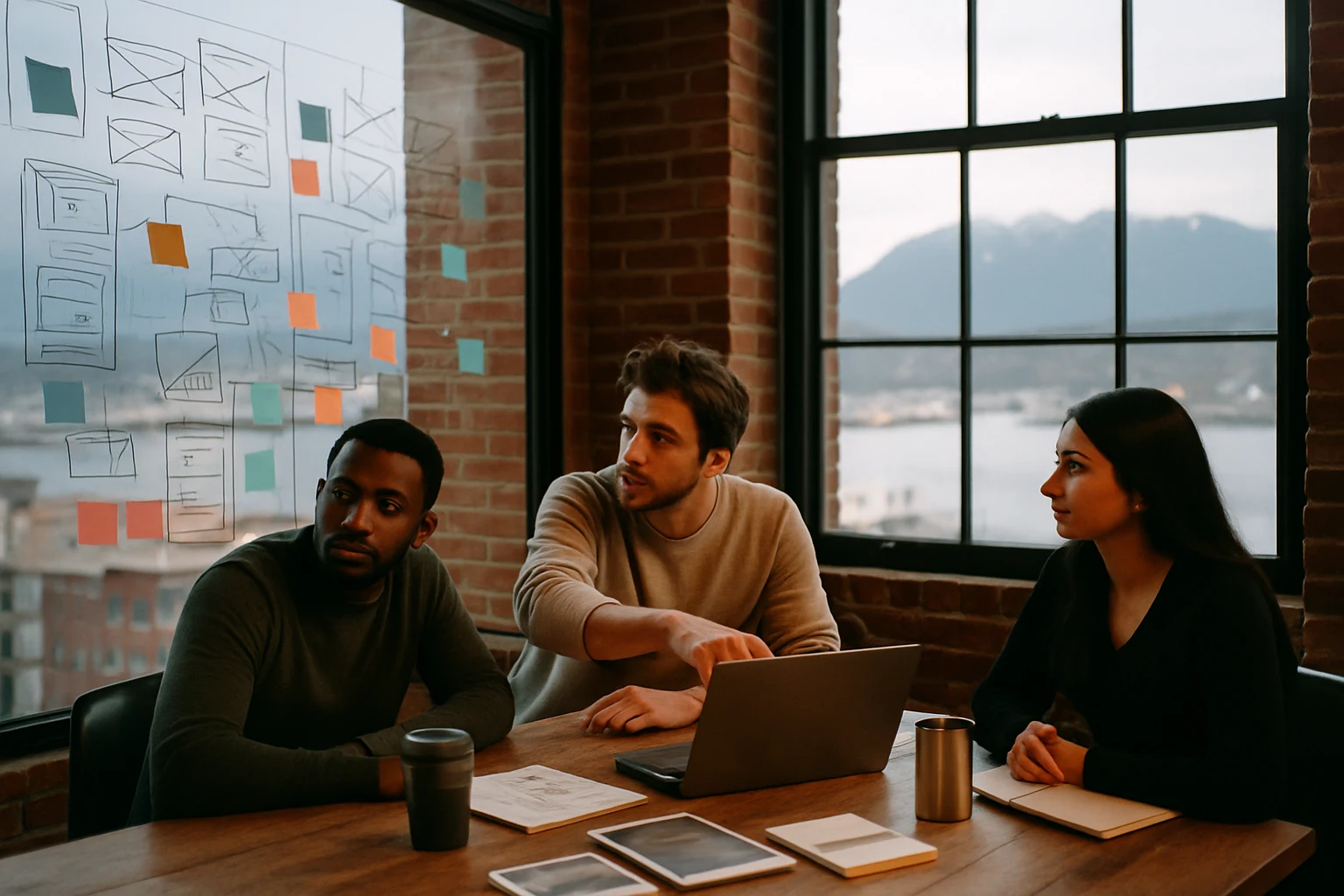Founders running a focused design sprint in a brick loft