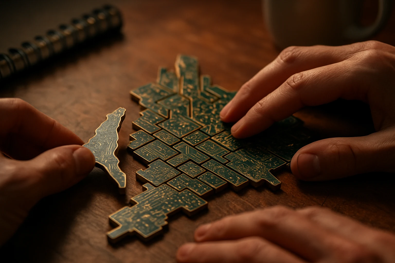Hands placing a circuit-board puzzle tile of a city skyline
