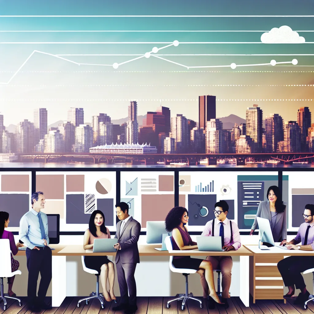 custom software Vancouver - An illustration depicting a Vancouver business office scene with diverse employees collaborating on custom software solutions. The setting should be modern, featuring laptops, cloud applications on screens, and a backdrop of Vancouver's skyline. Use warm colors to convey teamwork and innovation, with a professional and clean style. The image should evoke a sense of local business growth through tailored solutions business software