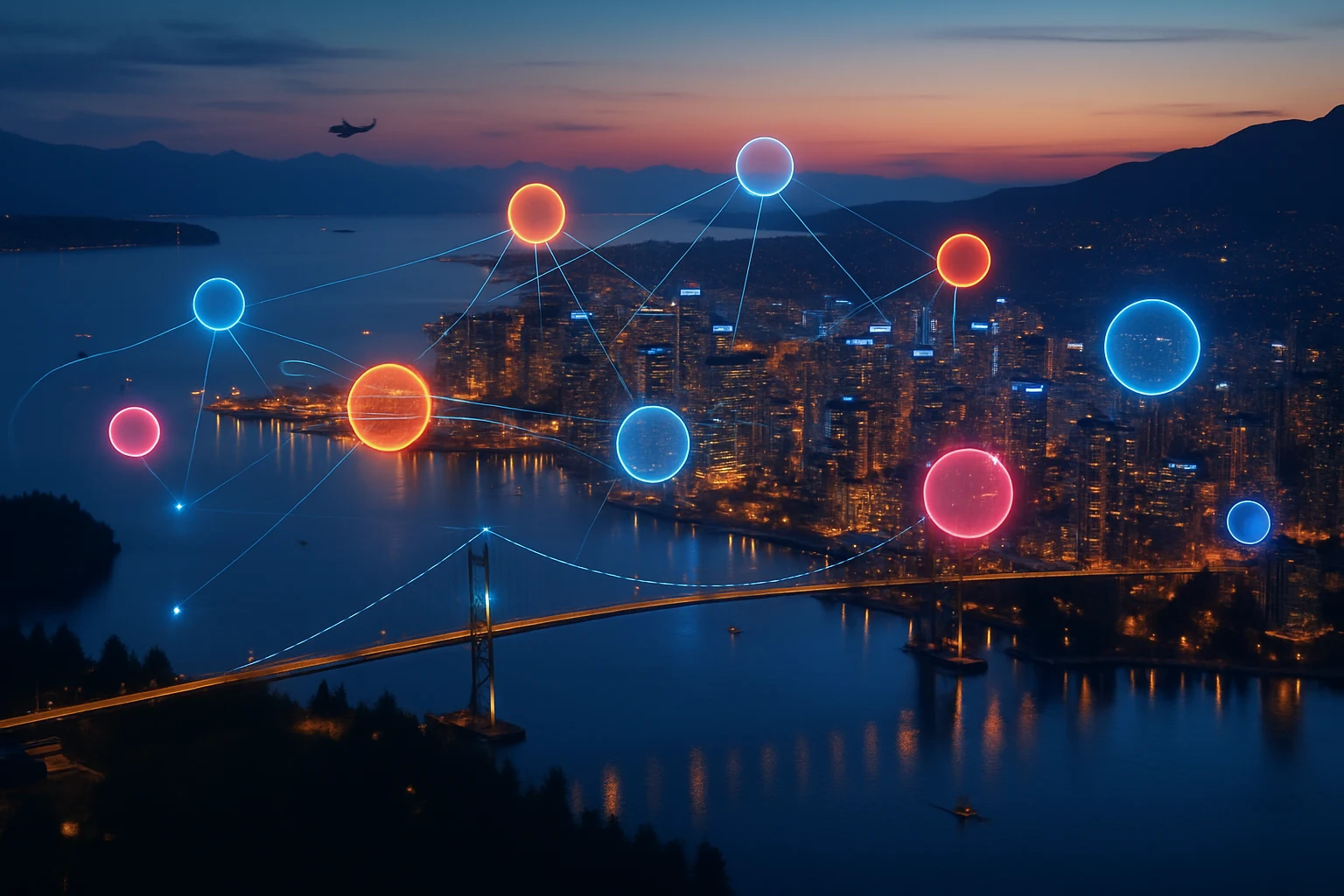 Coastal skyline with glowing network nodes above the harbor