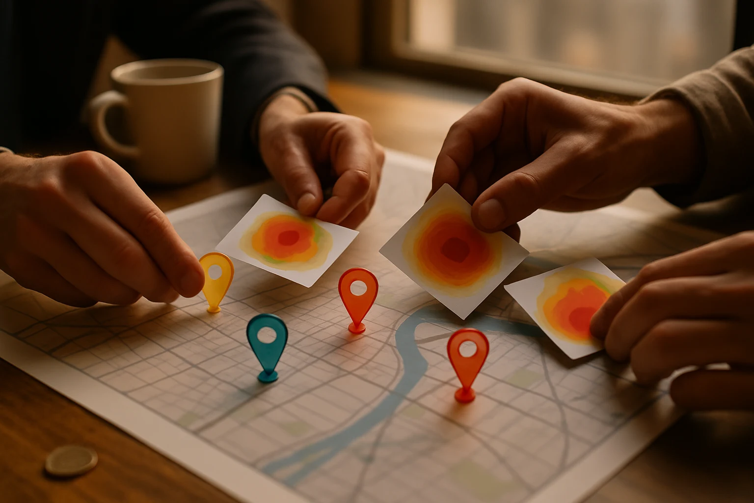 Hands placing colored markers on a detailed city map