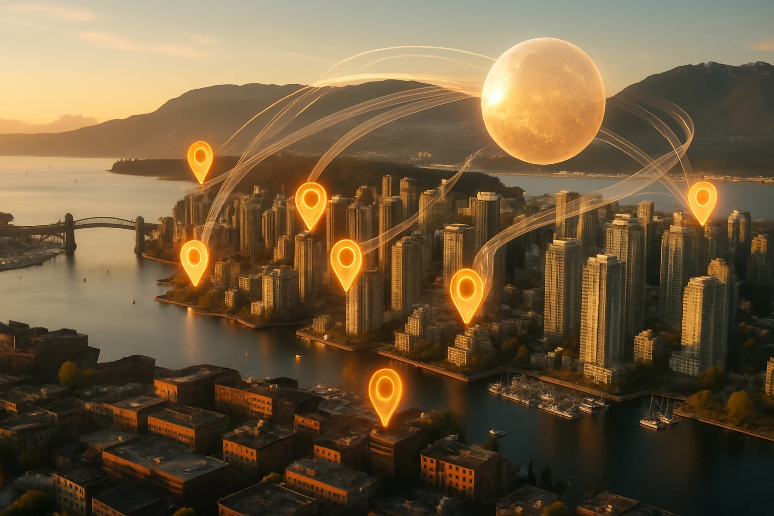 Harbor skyline at golden hour with glowing neighborhood pins