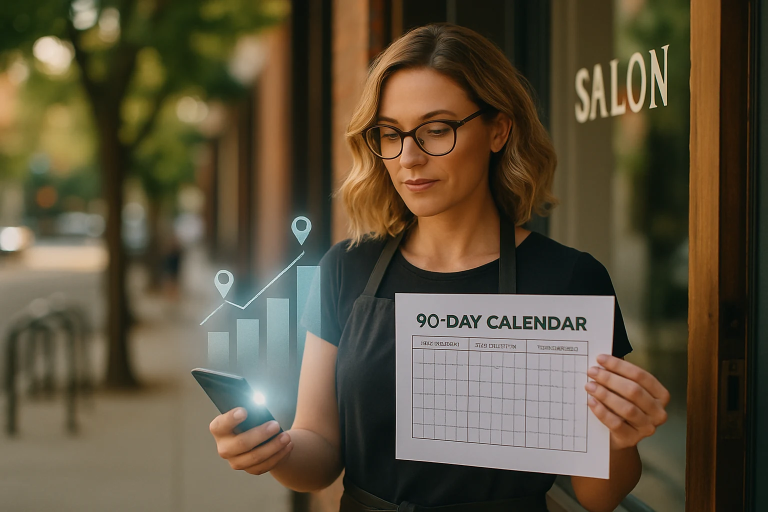 Boutique shop owner viewing translucent KPI projections