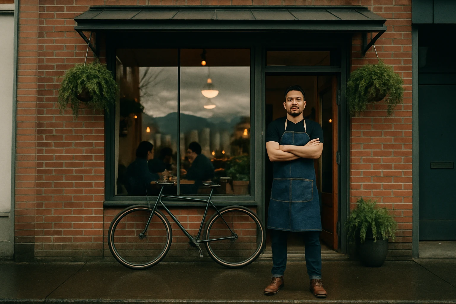 Café owner at a rain-slick storefront