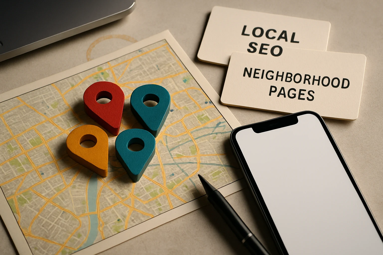 Flatlay of map with wooden pins and planning tools