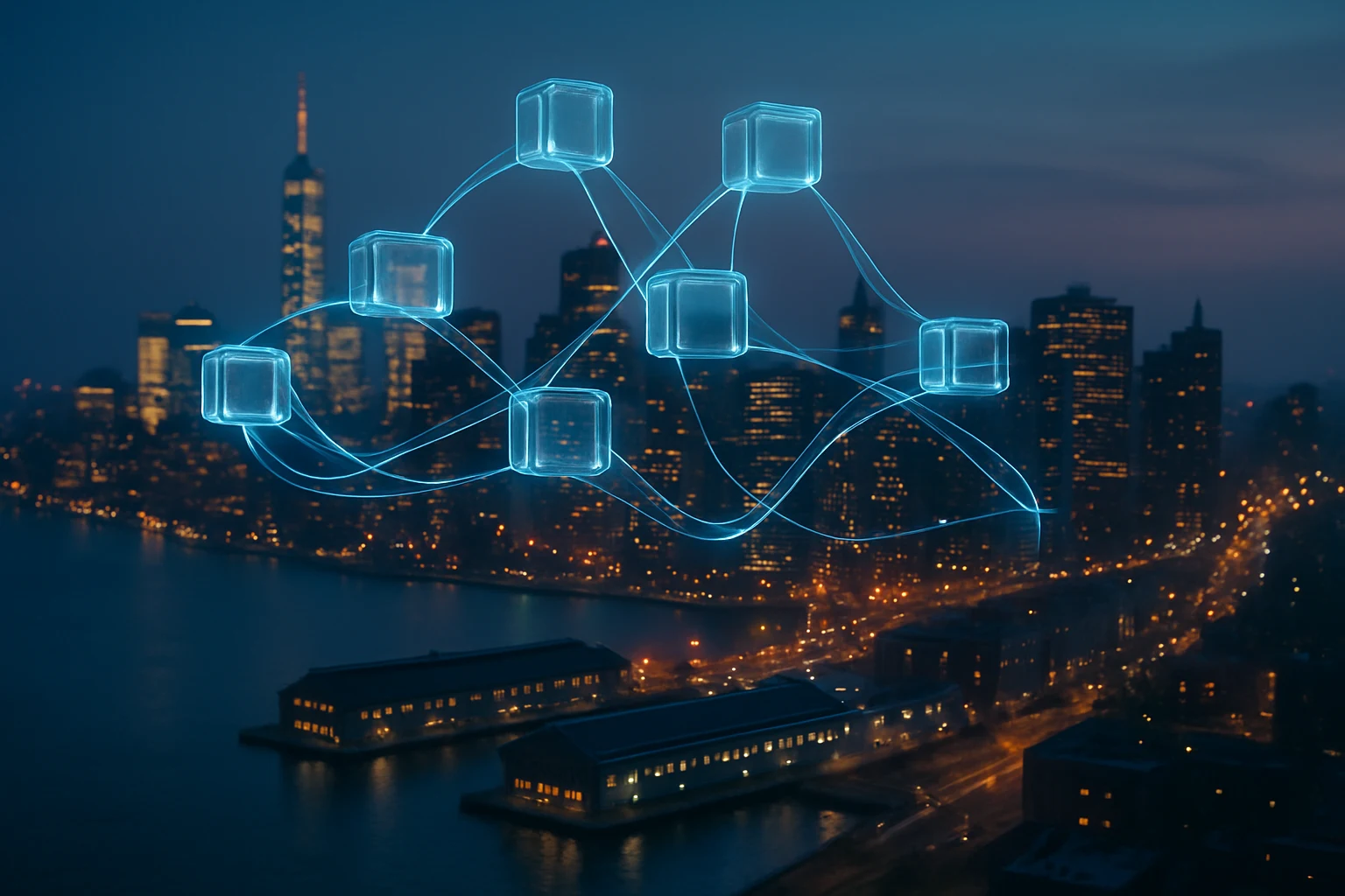 City skyline at blue hour with a translucent, floating network overlay.