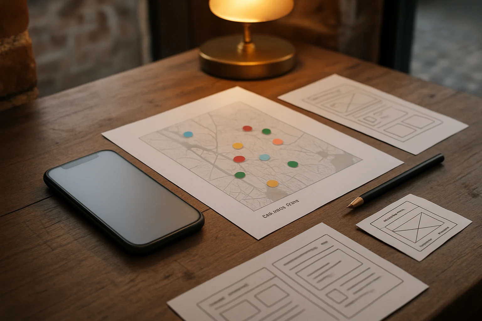 Close-up of a worktable with printed feature map and phone mockup.