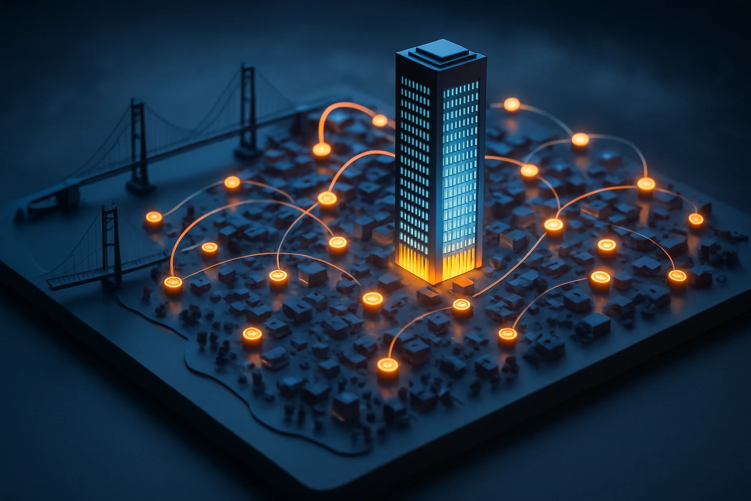 Miniature city model with glowing network nodes