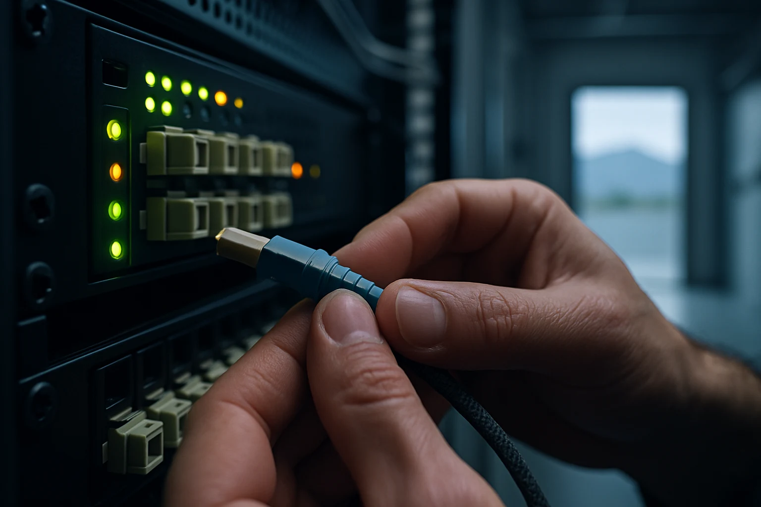 Technician connecting a fiber patch cable in a server rack