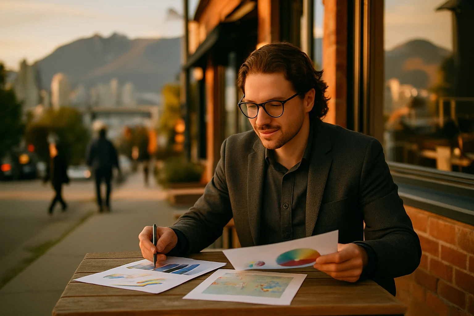 Consultant and shop owner reviewing local SEO charts outdoors