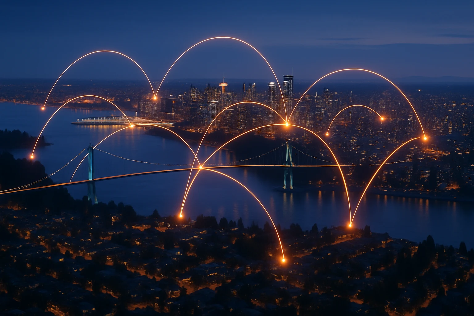 Twilight skyline linked by glowing network lines