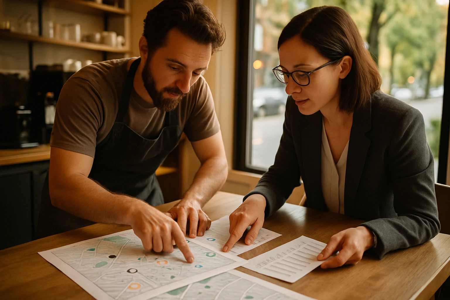 Shop owner and consultant reviewing printed maps