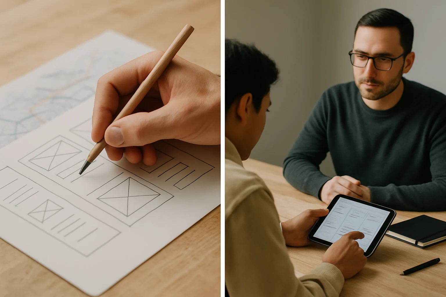 Diptych of prototype sketches and hands-on testing