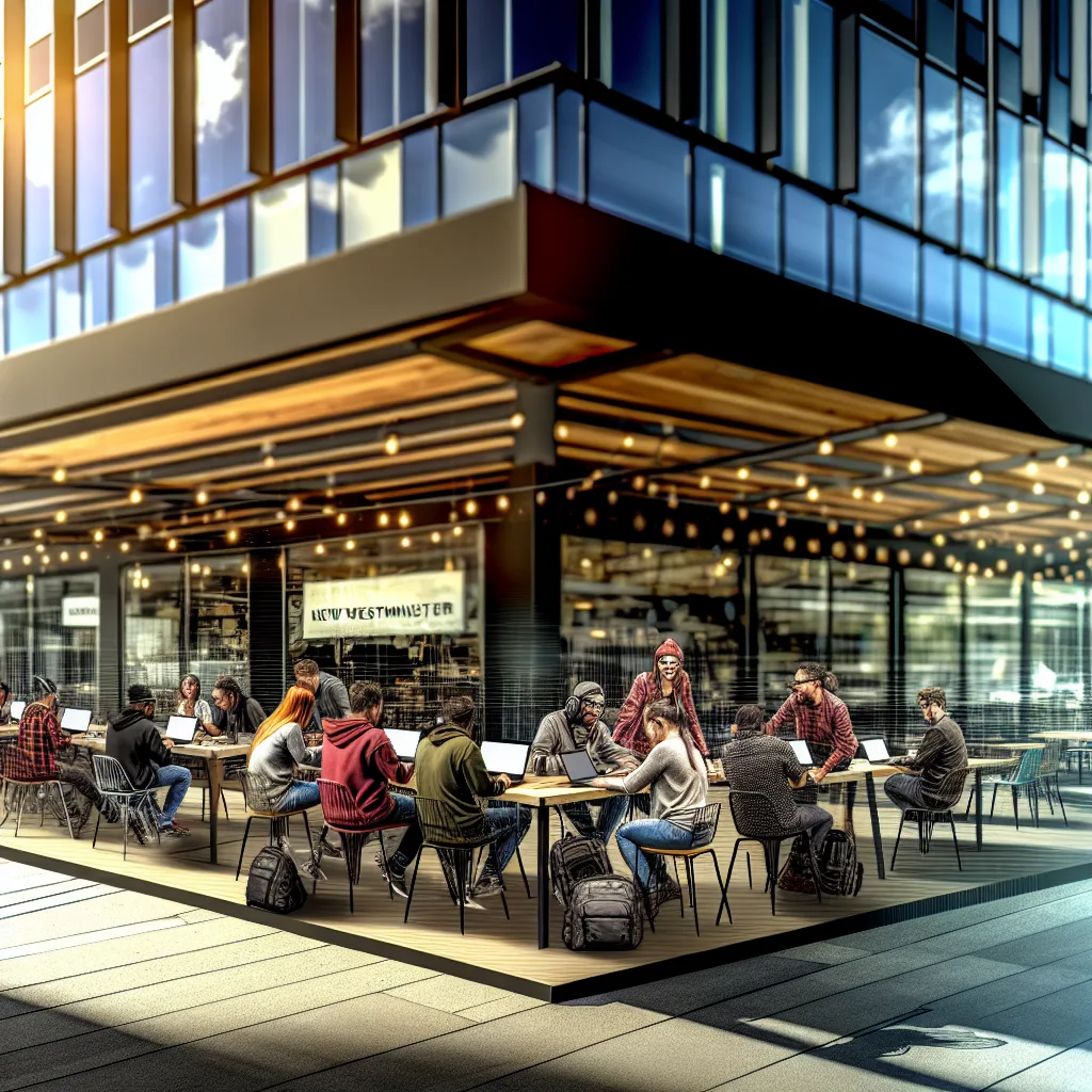 Vancouver App Development - A vibrant outdoor scene in downtown New Westminster, showcasing a group of diverse tech professionals collaborating on mobile app development. The setting is a modern coffee shop with large windows allowing natural light to flood in. The image captures the excitement and energy of a brainstorming session, with laptops and devices on the table. The camera angle is slightly above eye level, creating mobile apps tech startups