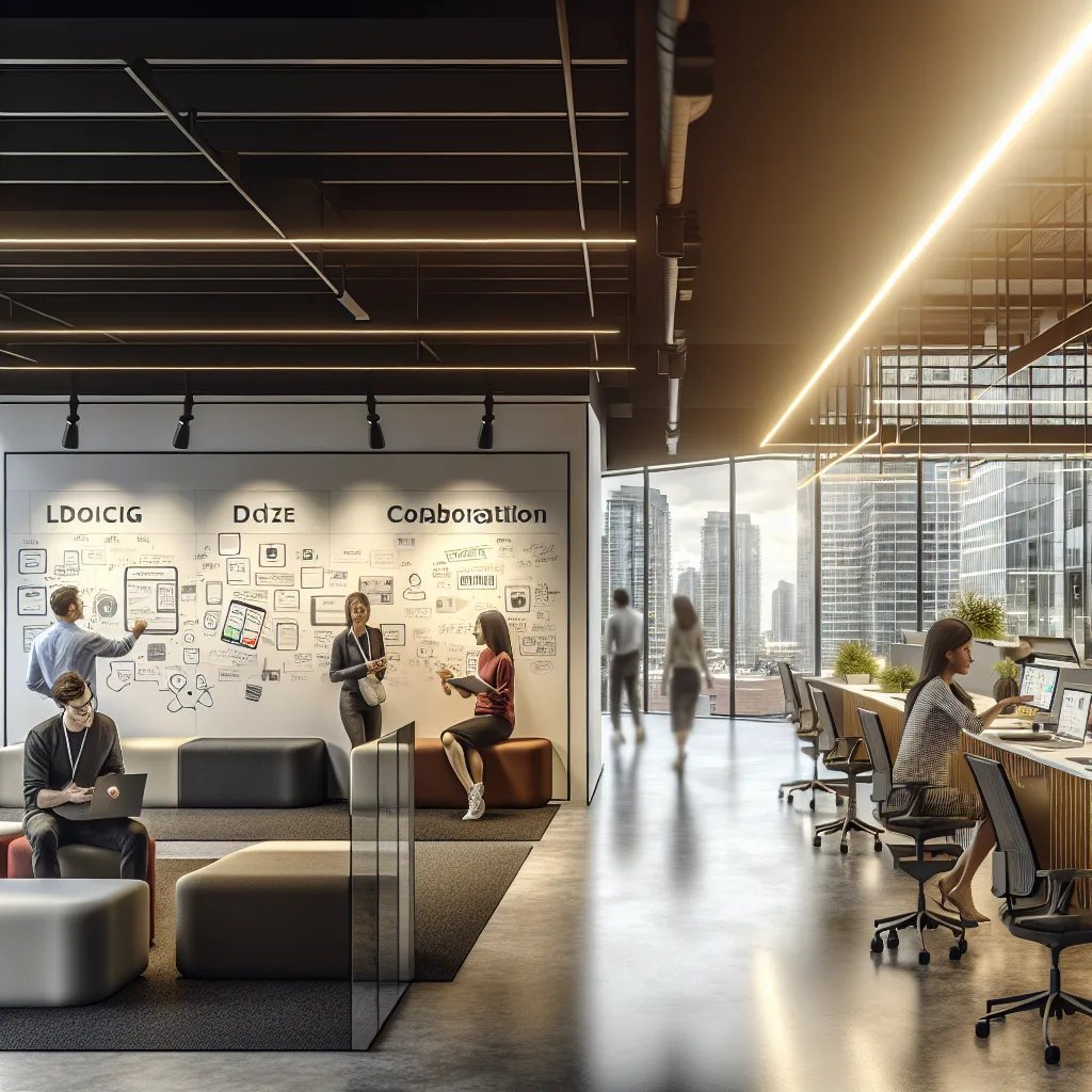 Vancouver App Development - A sleek, modern office space in Vancouver, showcasing a tech startup's workspace. The interior features collaborative areas with whiteboards filled with app development ideas. Warm, natural light filters through large windows, illuminating the space. The composition includes a mix of people engaged in discussions and working on laptops, emphasizing innovation and teamwork. The photo is taken from  mobile apps tech startups