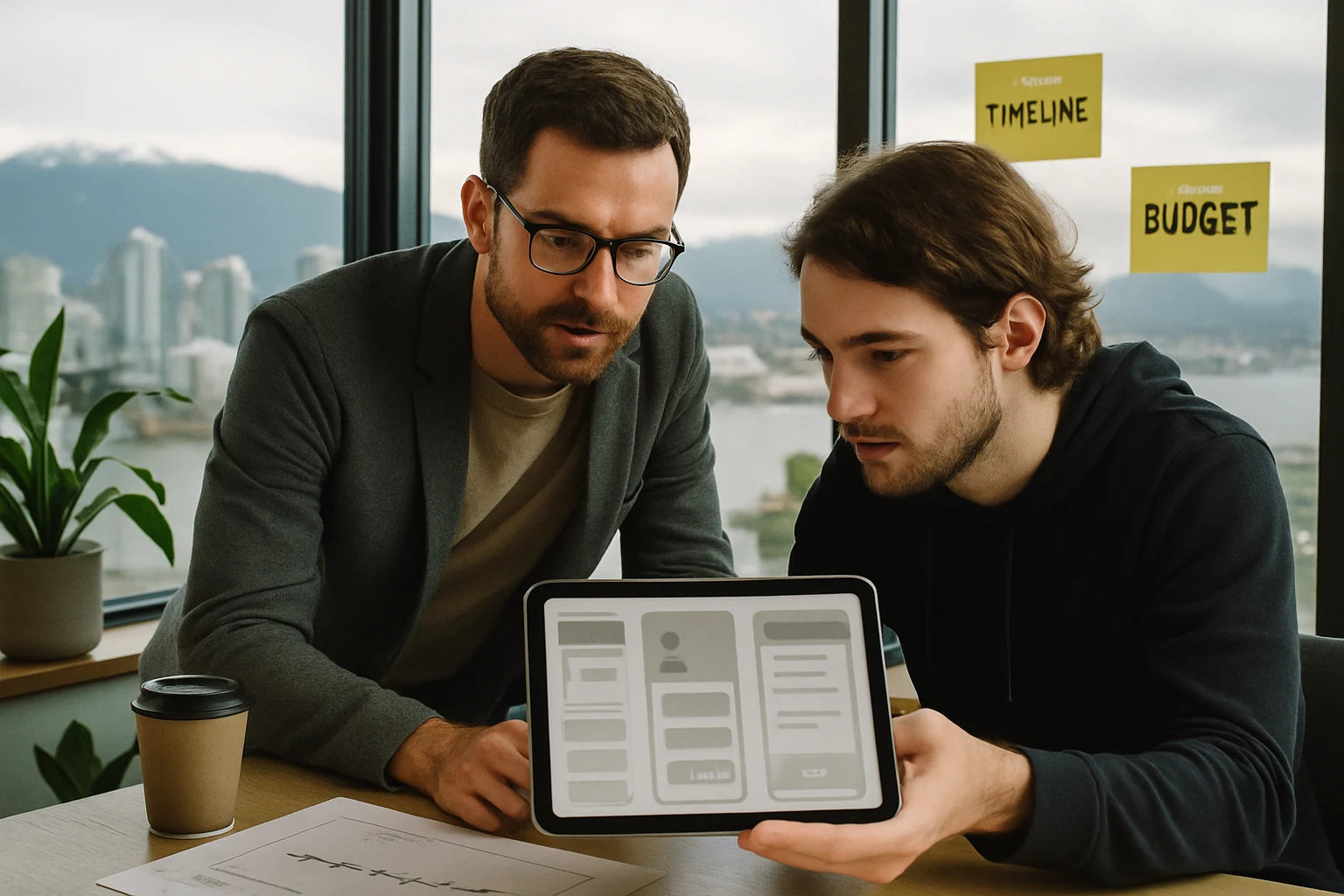 Founders review an app prototype with Vancouver skyline view