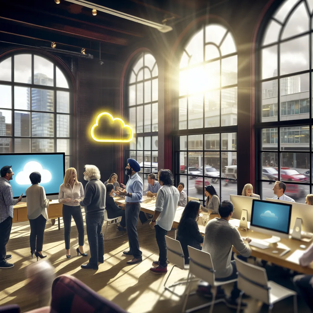 Vancouver Cloud Solutions - A bustling Vancouver office with a diverse team collaborating around a large screen displaying cloud computing graphics. Natural light streams through large windows, creating a warm and inviting atmosphere. The camera angle is slightly elevated, capturing the teamwork and technology in action. The scene conveys a modern, professional vibe, showcasing the importance of cloud solutions in a business cloud computing Vancouver business cloud services