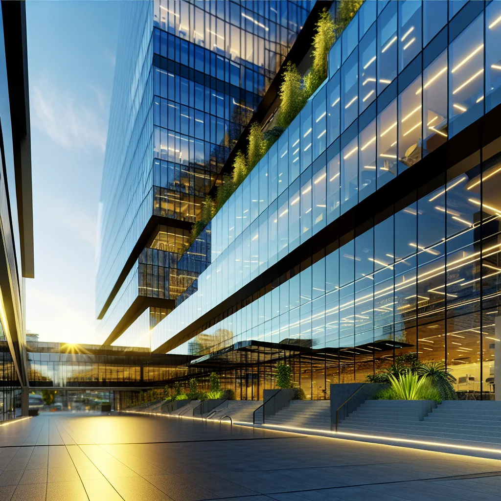 Vancouver Cloud Solutions - An exterior shot of a modern Vancouver tech building, showcasing a sleek design with reflective glass and greenery. The scene is set during golden hour, with natural light enhancing the architecture. The camera angle is low, emphasizing the building's height and modernity, symbolizing the growth of cloud services in the city. No people are included, focusing on the venue itself. cloud computing Vancouver business cloud services
