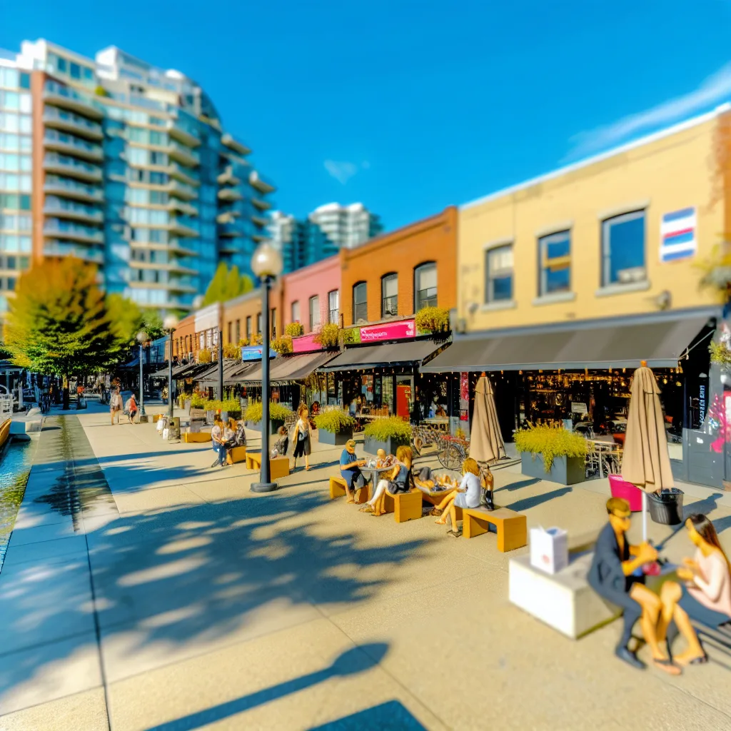 Vancouver digital marketing - A vibrant outdoor scene showcasing a local Vancouver business with people engaging with digital devices, capturing the essence of a bustling community. The setting includes modern storefronts and lush greenery typical of Vancouver, with natural light illuminating the scene. The camera angle is slightly elevated to encompass the atmosphere of local commerce and interaction. Photorealistic, focusing online presence social media