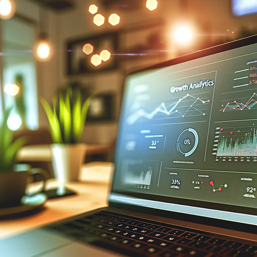 Vancouver digital marketing - A close-up detail shot of a laptop screen displaying analytics for a Vancouver business, with graphs and data showing growth in online presence. The background is softly blurred, featuring a cozy workspace with plants and a coffee cup. The lighting is warm and inviting, emphasizing a professional atmosphere. Photorealistic with shallow depth of field, capturing focus on the screen. online presence social media