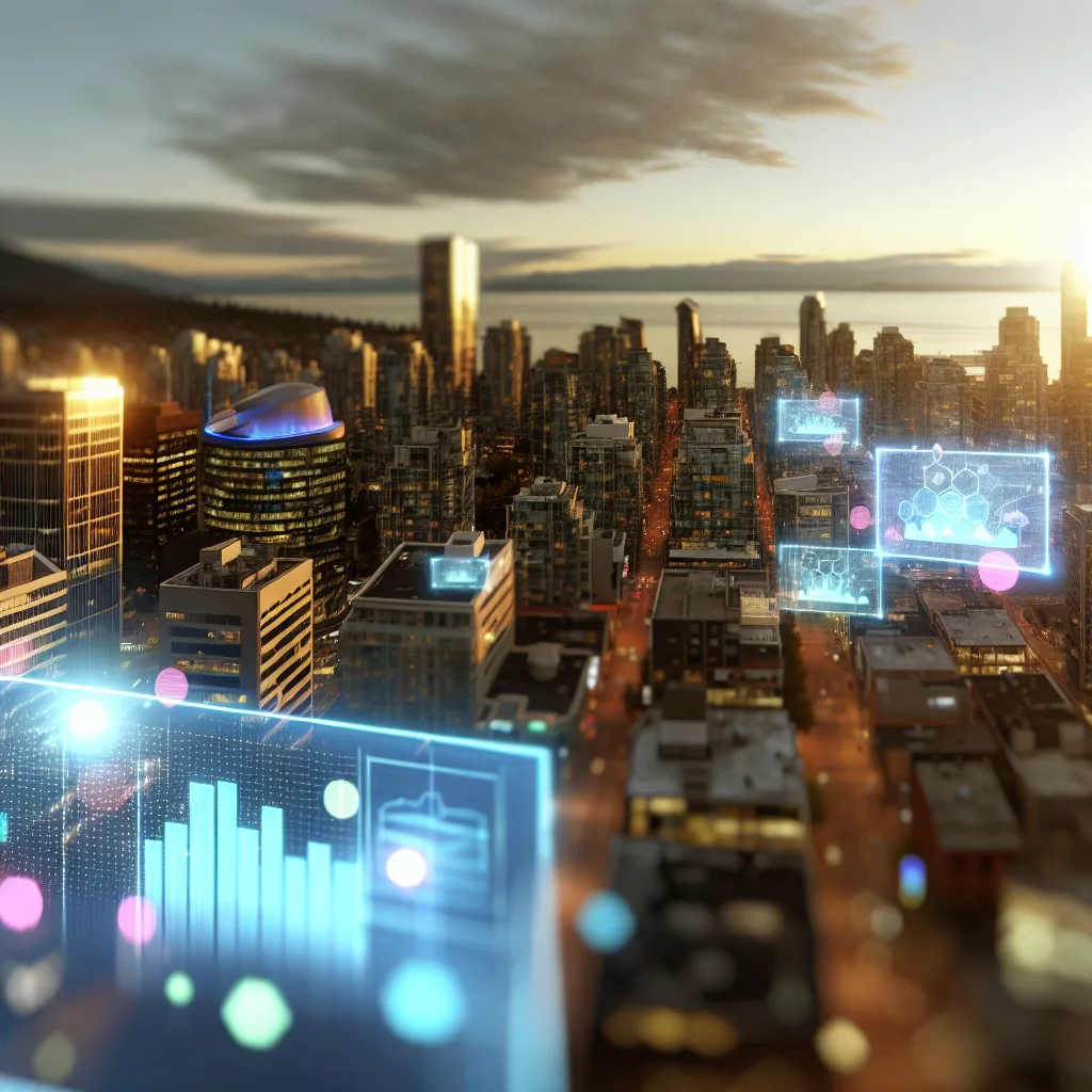 Vancouver Digital Transformation - A bustling Vancouver cityscape at sunset, showcasing modern tech buildings with digital screens displaying graphs and analytics. Capture the skyline with a focus on the CN Tower and nearby tech hubs, using natural light to create a warm, inviting atmosphere. DSLR shot from a slightly elevated angle, emphasizing the vibrancy of Vancouver's digital landscape. business transformation Vancouver digital innovation