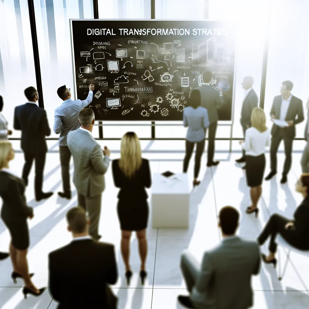 Vancouver Digital Transformation - A diverse group of business professionals engaged in a brainstorming session in a modern office space. Focus on a whiteboard filled with digital transformation strategies and ideas. Use natural light from large windows, creating a collaborative and dynamic atmosphere. Capture the scene from a slightly elevated angle to include interactions and expressions. business transformation Vancouver digital innovation