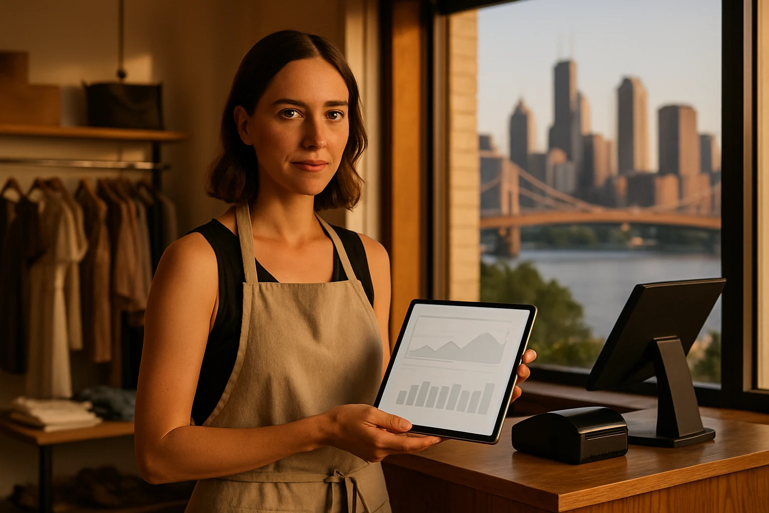 Boutique owner reviewing sales dashboard with skyline view