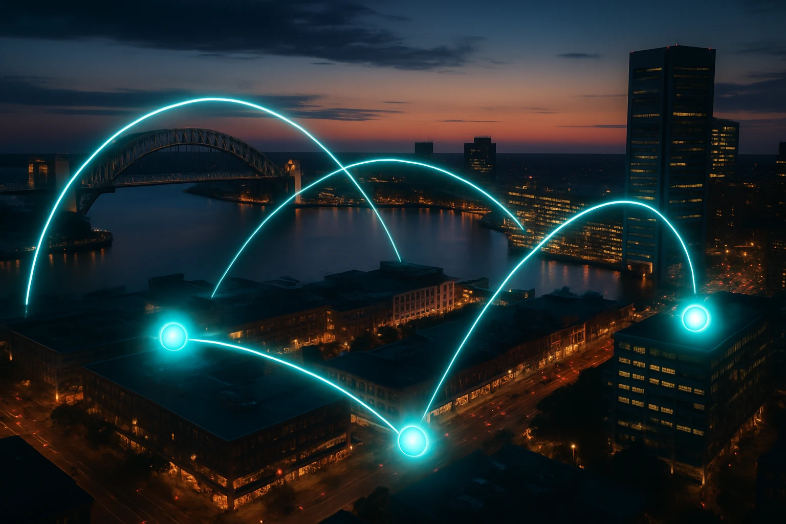 Night aerial of city with glowing connection arcs over key districts